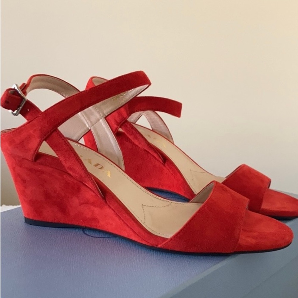 PRADA NEW ❤️Red suede wedge heel sandals size 37.5 - Picture 7 of 7